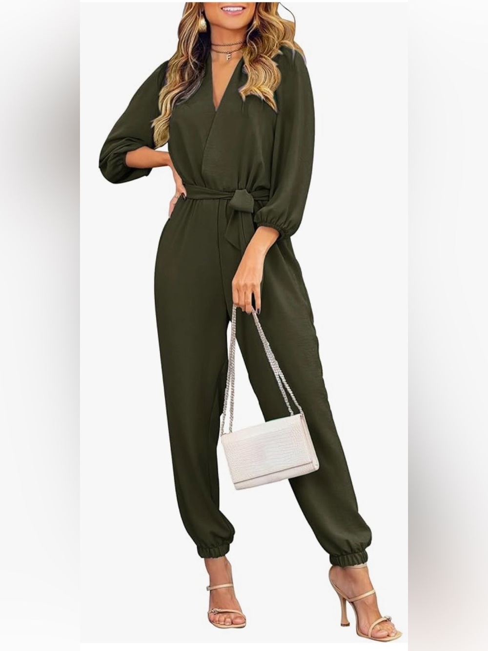 Women's Olive Green Wrap Jumpsuit with Tie Waist